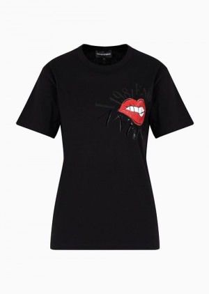 Emporio Armani Asv Organic-jersey T-shirt With Red Lips Print Siyah | EA-SN57021
