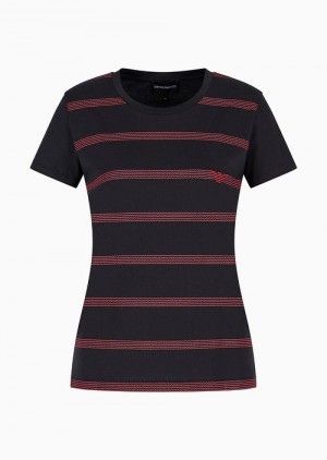 Emporio Armani Asv Zig-zag Print Organic Jersey T-shirt With Eagle Embroidery Lacivert Mavi | EA-SN57032