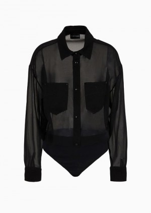 Emporio Armani Bodysuit Shirt In Sheer Georgette With Denim Details Siyah | EA-SN56945