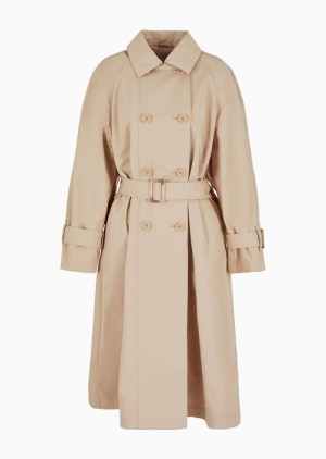 Emporio Armani Double-breasted Trench Coat With Belt In Su-repellent Technical Pamuklu Bej Rengi | EA-SN56773