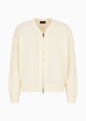 Emporio Armani Fisherman’s Rib Virgin-wool Blend V-neck Cardigan With Zip Bej Rengi | EA-SN58138