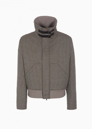 Emporio Armani Full-zip Mock-neck Blouson In Compact Houndstooth Virgin Yün Lacivert Mavi | EA-SN58202