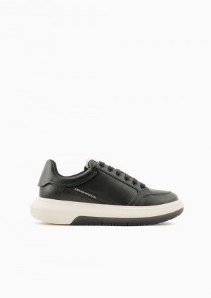 Emporio Armani Hammered-leather Sneakers With Side Logo Mavi | EA-SN58909