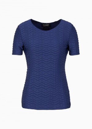 Emporio Armani Kısa-sleeved Jersey Jumper With Embossed Waves Motif Mavi | EA-SN57023
