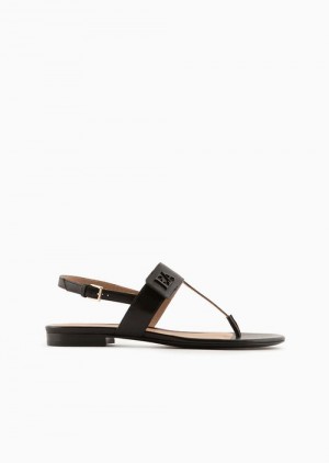 Emporio Armani Nappa-leather Flip-flop Sandals With Ea Logo Siyah | EA-SN57166