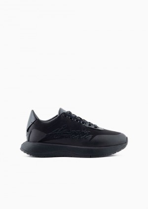 Emporio Armani Naylon Sneakers With Travel Essentials Signature Logo Embroidery Siyah | EA-SN57224