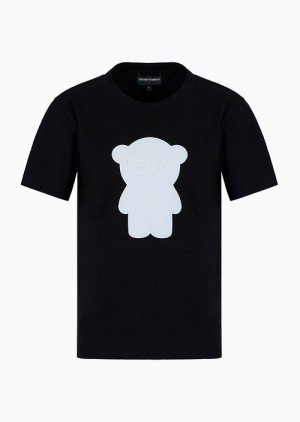 Emporio Armani Organic Jersey T-shirt With Asv Manga Bear Patch Siyah | EA-SN57018