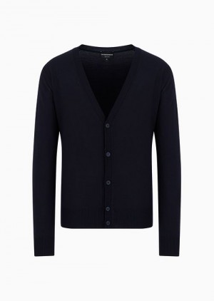 Emporio Armani Plain-knit, Virgin-wool V-neck Cardigan Koyu Gri | EA-SN58095