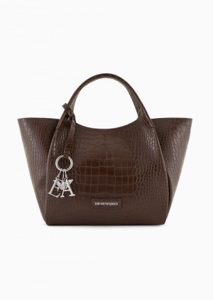 Emporio Armani Shopper Bag With Mock-croc Finish And Logo Charm Kahverengi | EA-SN57407
