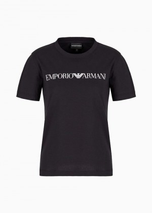 Emporio Armani Sustainability Values Organic-jersey T-shirt With Logo Print Mavi | EA-SN57046
