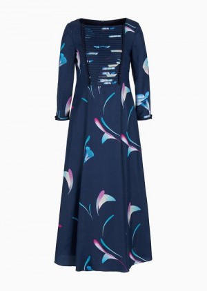 Emporio Armani Viscose Flared Elbise With Stylised Floral Print And Pileli Detail Pattern | EA-SN56508